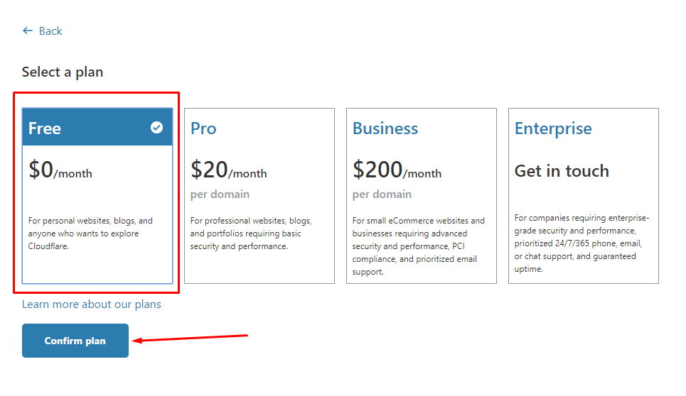 cloudflare select plan