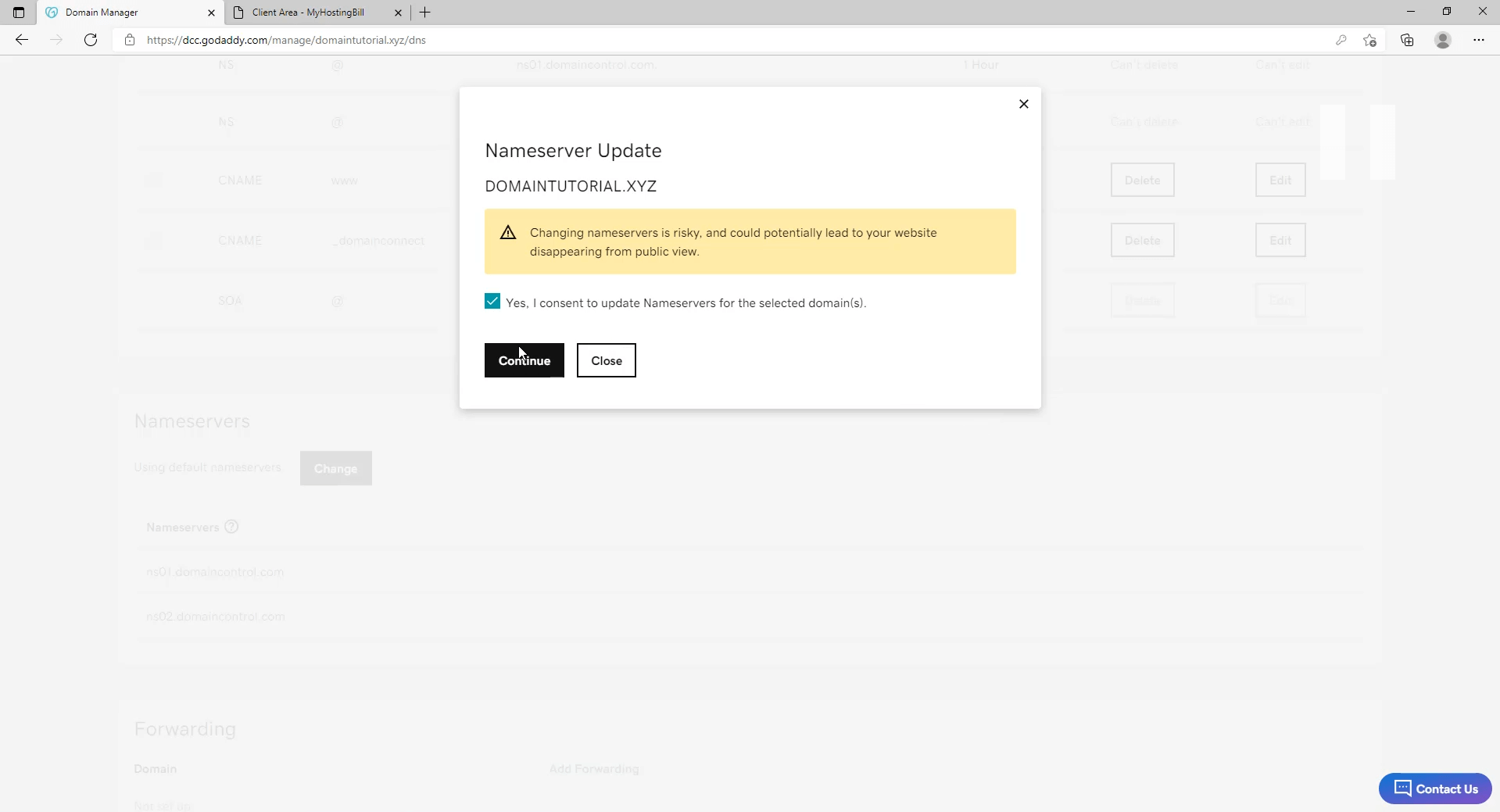 nameserver update warning godaddy